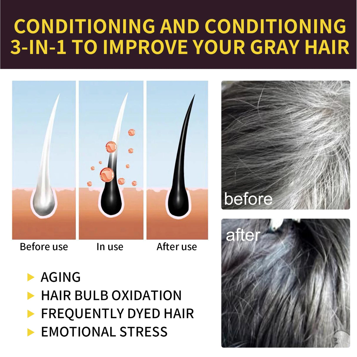 Product advertisement for hair care solution showing before and after effects on gray hair.