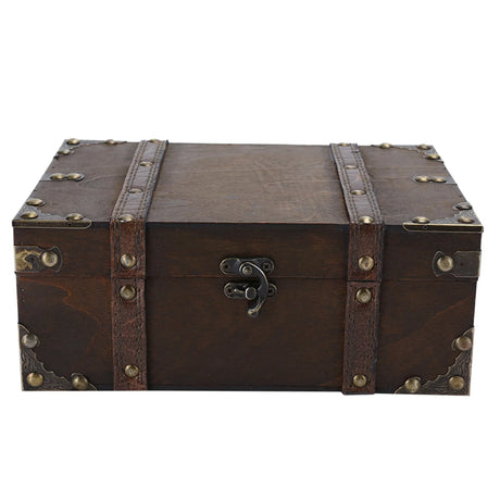 Vintage-style wooden chest with brass studs and lock on a white background