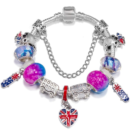 Silver bracelet with colorful beads and charms on a white background