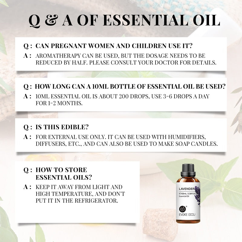 Informational text about essential oils with a bottle of lavender essential oil on a light background.