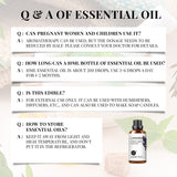 Informational text about essential oils with a bottle of lavender essential oil on a light background.