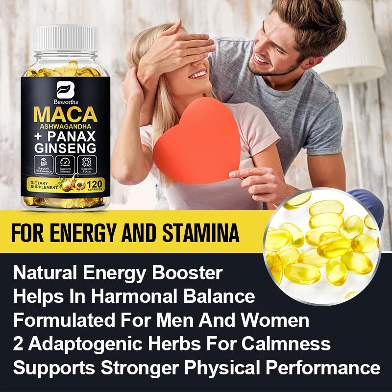 Maca and Panax Ginseng supplement bottle with a couple embracing, text about energy and stamina benefits.