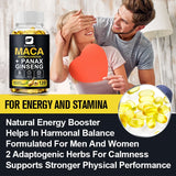 Maca and Panax Ginseng supplement bottle with a couple embracing, text about energy and stamina benefits.