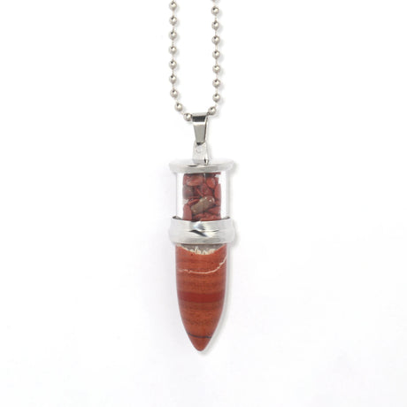 Necklace with a red stone pendant on a white background