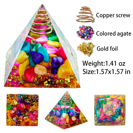 Pyramid-shaped decorative item with colored agate, gold foil, and copper screw components, shown with details and measurements.
