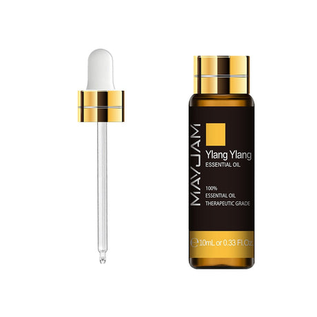 MayJam Ylang Ylang essential oil bottle with dropper on a white background