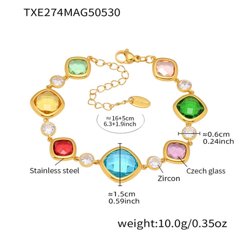 Gold bracelet with colorful gemstones and measurements on a white background