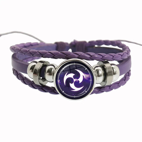Purple braided bracelet with metallic accents and a central purple circular design on a white background