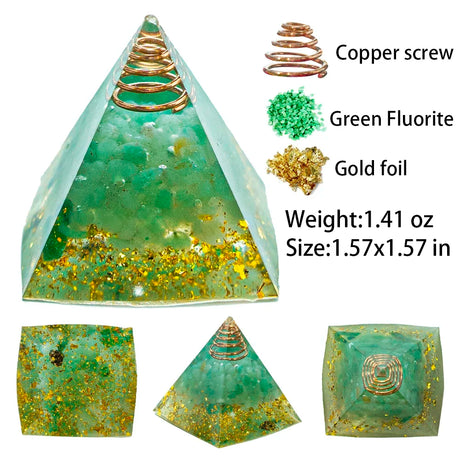 Green Fluorite pyramid with copper screw, gold foil, and weight and size information.