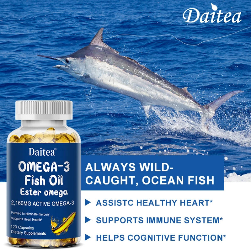 Daitea Omega-3 Fish Oil supplement with a dolphin in the ocean background