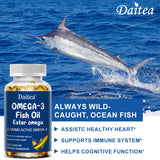 Daitea Omega-3 Fish Oil supplement with a dolphin in the ocean background