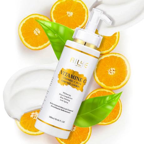 Skincare bottle with pump dispenser surrounded by sliced oranges and leaves on a white background