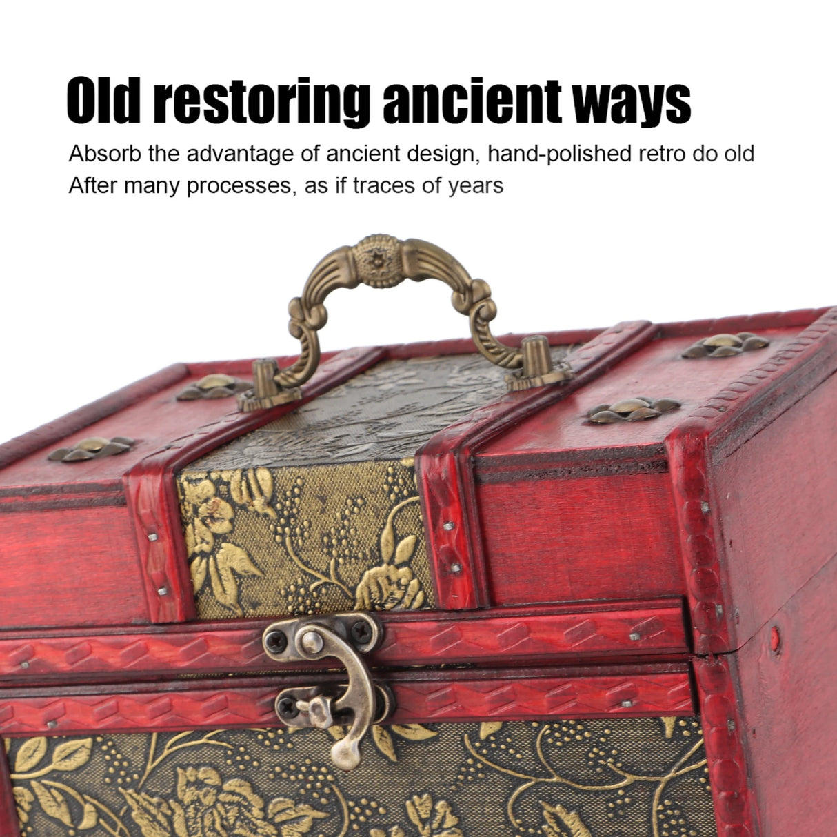 Vintage-style red and gold trunk with intricate designs and text about restoring ancient ways.