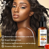 Woman with long, wavy hair next to a bottle of LEWEDO Banana Hair Growth Oil on a beige background.