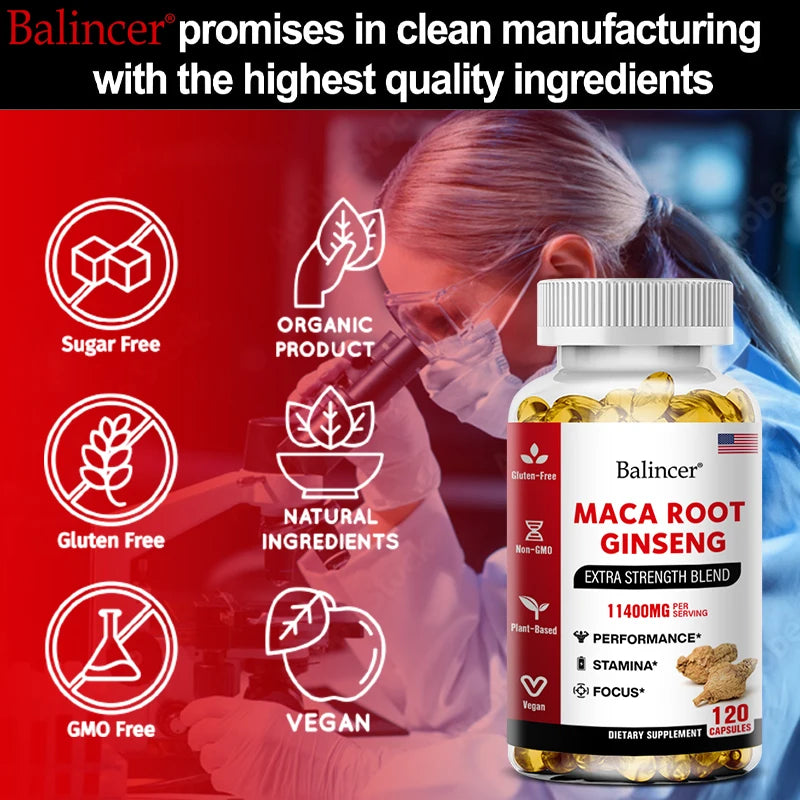 Balincer maca root ginseng supplement bottle with manufacturing process and product features on a red background