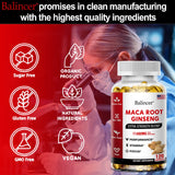 Balincer maca root ginseng supplement bottle with manufacturing process and product features on a red background