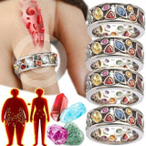 Stack of colorful gemstone rings with a close-up of one ring on skin and illustrations of people and stones.
