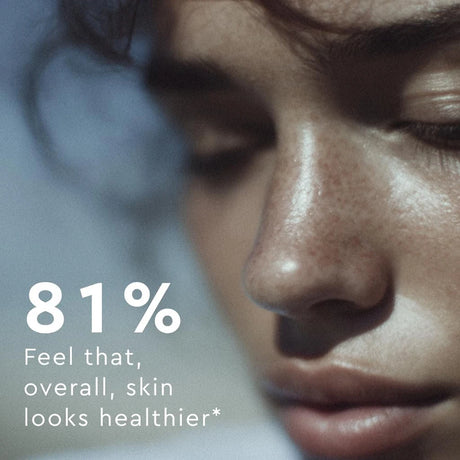 Close-up of a person's face with text overlay about skin health.