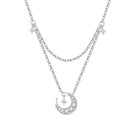 Silver necklace with a crescent moon and star pendant on a white background