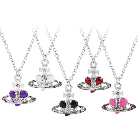 Set of five necklaces with different colored pendants on a white background