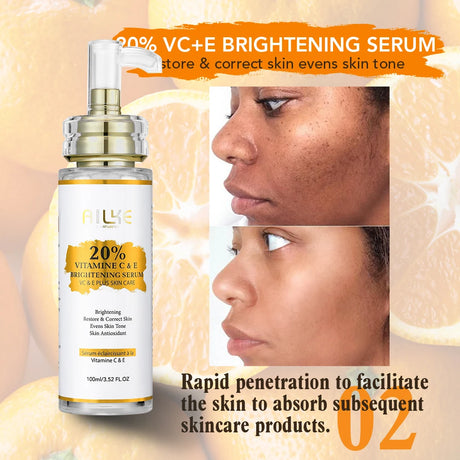 Vitamin C+E brightening serum with before and after effects on skin, surrounded by oranges.