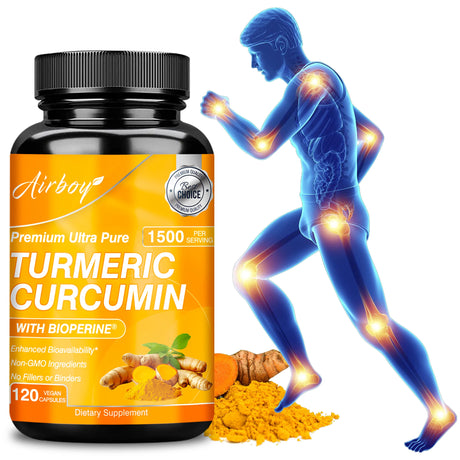 Airboy Turmeric Curcumin supplement bottle with a silhouette of a person showing joint pain relief.