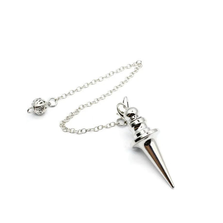 Silver necklace with a cone-shaped pendant on a white background