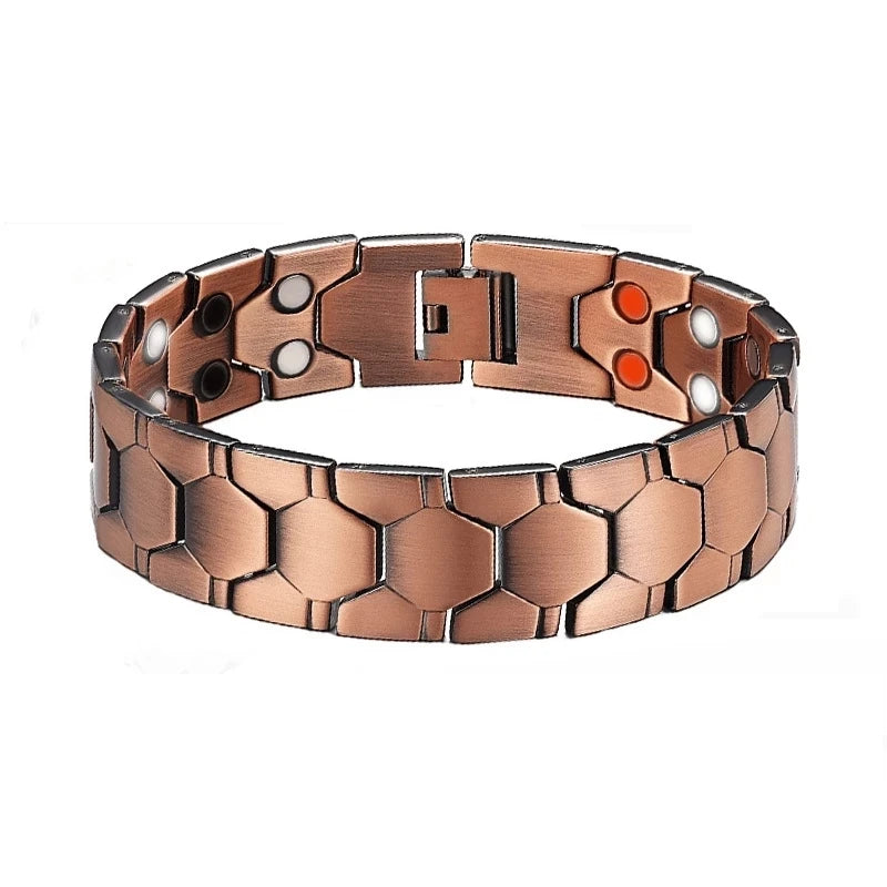 Copper-colored bracelet with honeycomb pattern on a white background