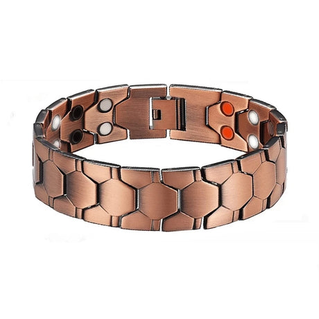 Copper-colored bracelet with honeycomb pattern on a white background