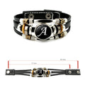 Retro A-Z Initial Leather Bracelet for Men with metal circular emblem charm for personalized everyday wear and casual accessory styling.