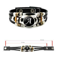 Retro A-Z Initial Leather Bracelet for Men with metal circular emblem charm for personalized everyday wear and casual accessory styling.