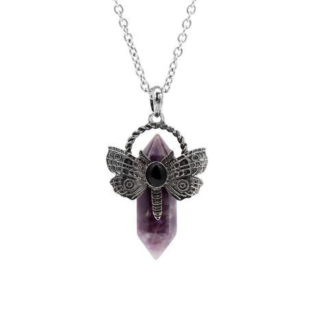 Necklace with a purple crystal and silver butterfly pendant on a white background