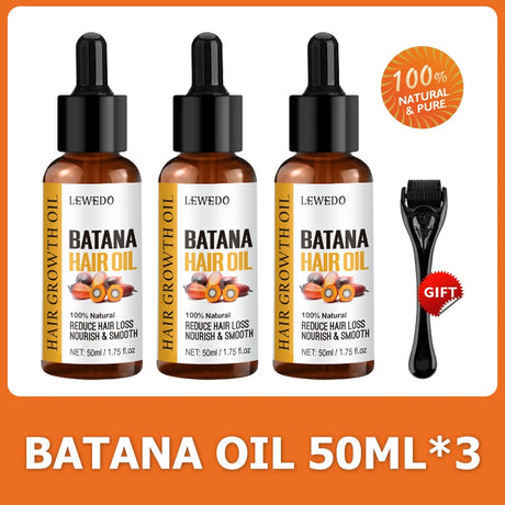 Three bottles of Lewedo Batana Hair Growth Oil with a free hair massager on an orange background.