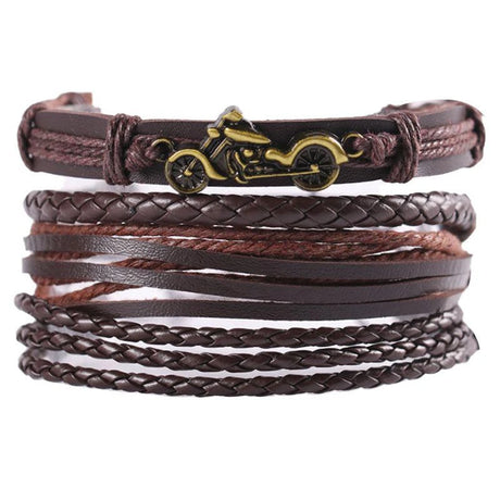 Brown leather bracelet with motorcycle charm on a white background