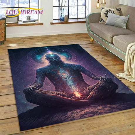Rug with a cosmic design of a person in a meditative pose on a wooden floor.