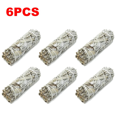 Six bundles of white sage smudge sticks on a white background with '6PCS' in red text above.