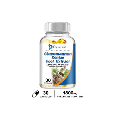 Supplement bottle labeled 'Psalae Glucomannan Konjac Root Extract' on a white background