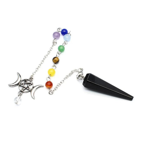 Black crystal pendulum with chakra beads on a white background