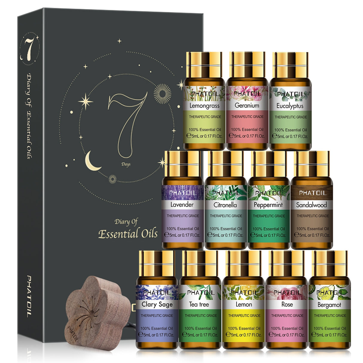 Set of essential oil bottles with a branded box on a white background