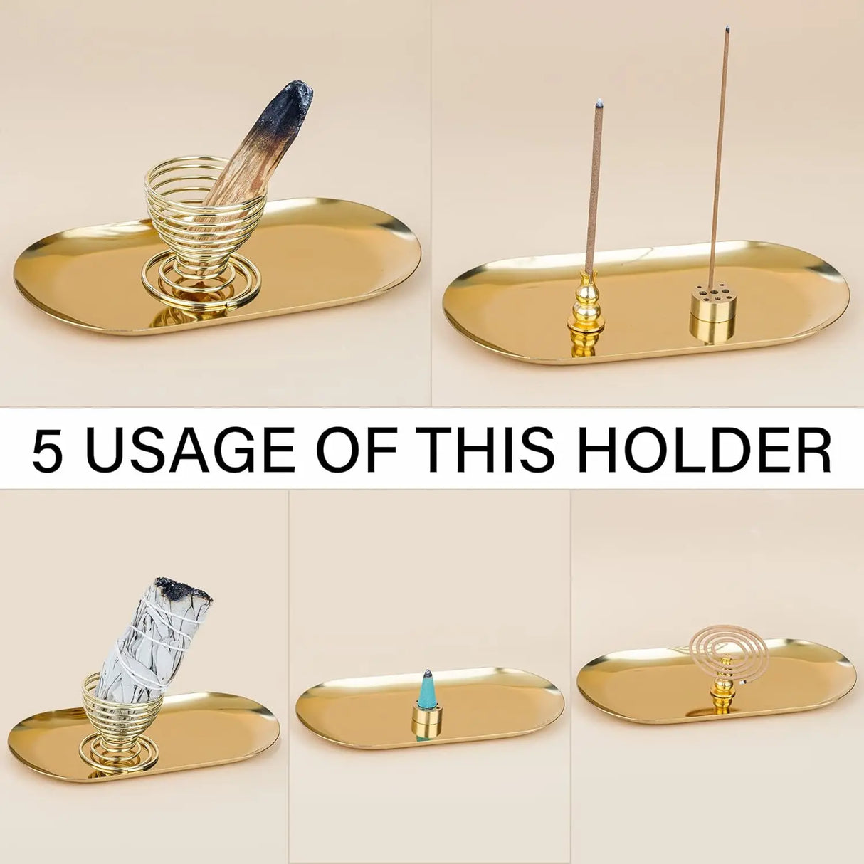 Gold incense holder with various incense sticks on a beige background