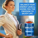 Woman holding a bottle of soomiig Shilajit Gummies with promotional text on a blurred background