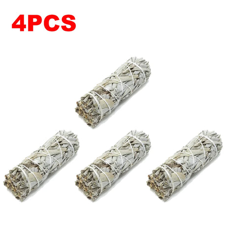 Four bundles of sage wrapped in twine on a white background with '4PCS' in red text above.