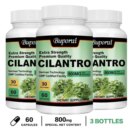 Three bottles of Buporai Cilan Cilantro dietary supplements on a white background