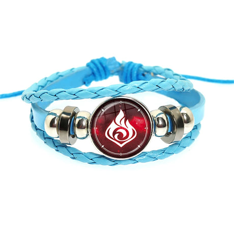 Blue braided bracelet with a red and silver emblem on a white background