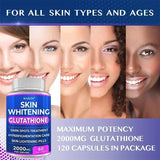 Promotional image of skin whitening glutathione supplement with diverse faces and product packaging.