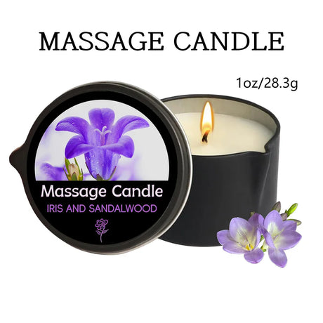 Massage candle with lid showing iris and sandalwood design, labeled 'Iris and Sandalwood'.