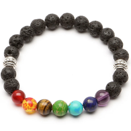 Bracelet with black lava beads and colorful beads on a white background