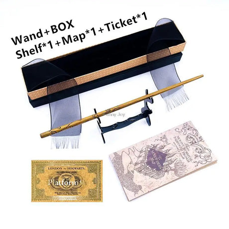 Harry Potter-themed wand set with box, shelf, map, and ticket on a white background