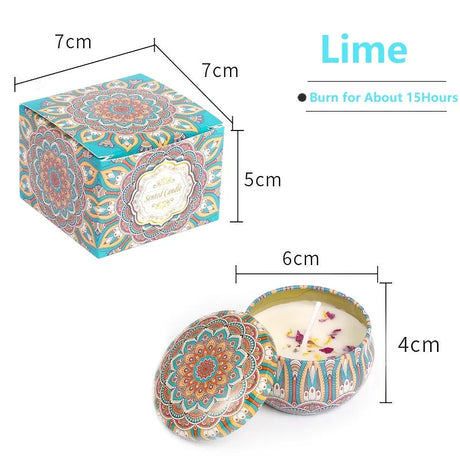 Decorative candle in a tin with dimensions and product details on a white background