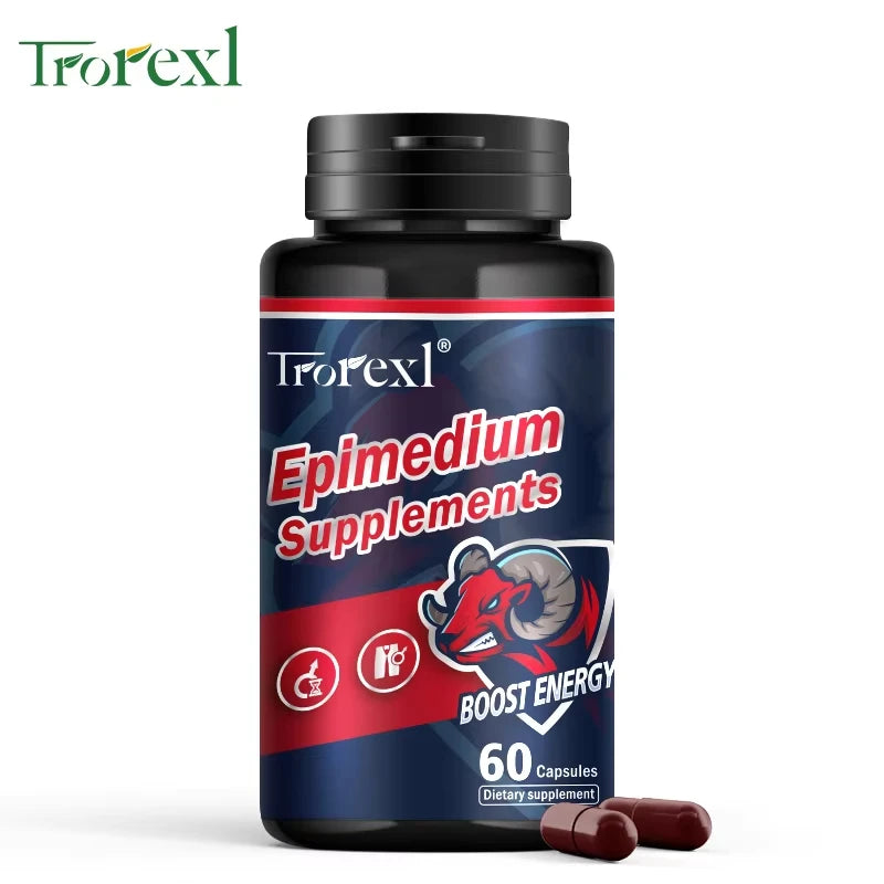 Troexl Epimedium Supplements bottle with red and blue label on a white background
